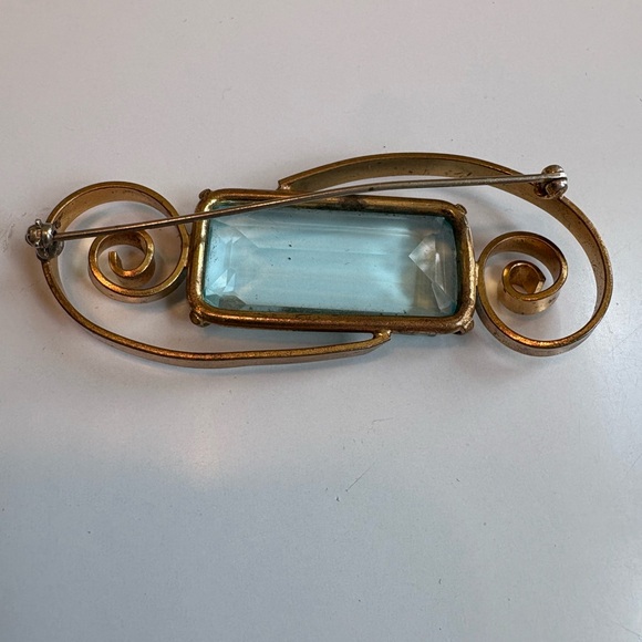 3”x2” Brooch With Blue Emerald Cut Vintage Midcentury Modern faux Aquamarine - Picture 9 of 16